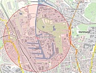 Das angenommene Einsatzgebiet war der Dortmunder Hafen (Quelle der Kartengrundlage: Geobasis NRW).